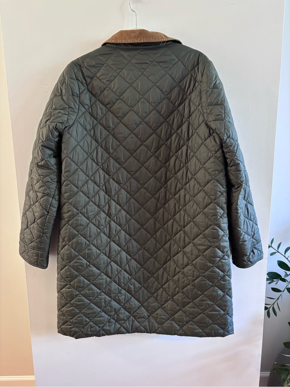 Barbour Olive Quilted Long Puffer with Tan Collar - Picture 2 of 4